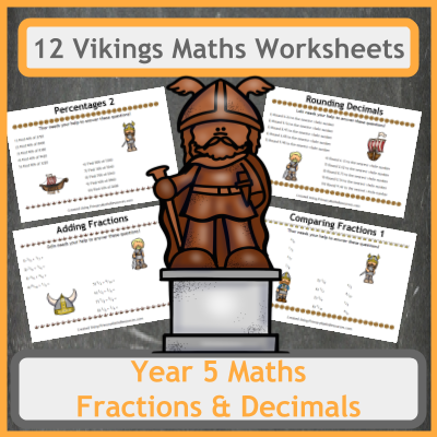 Viking Fractions, Decimals and Percentages Maths Worksheets. Covers Comparing Fractions, Rounding Decimals, Percentages and Finding Fractions.